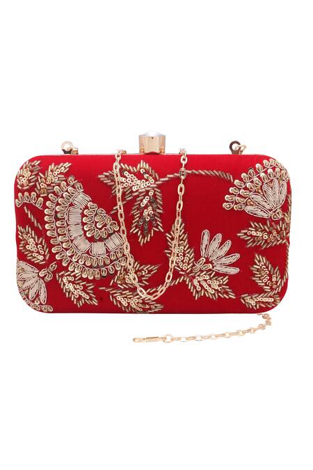 Nazaakat By Samara Singh_Red Embroidery, Sequins, Beads, Crystals And Silk Clutch _Online_at_Aza_Fashions