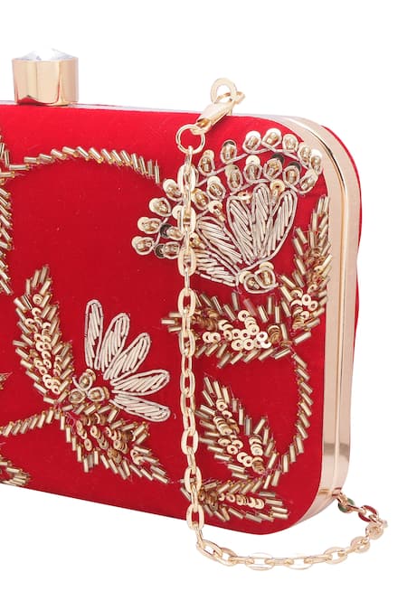 Nazaakat By Samara Singh_Red Embroidery, Sequins, Beads, Crystals And Silk Clutch _at_Aza_Fashions