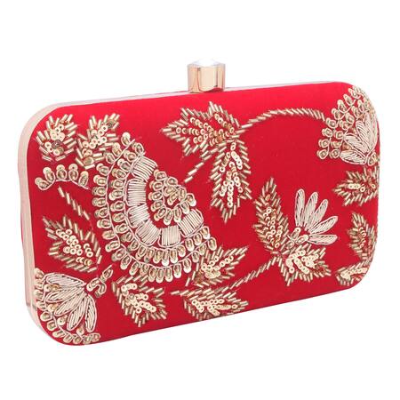 Shop_Nazaakat By Samara Singh_Red Embroidery, Sequins, Beads, Crystals And Silk Clutch 