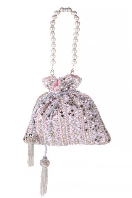 Shop_Nazaakat By Samara Singh_Pink Beads, Mirrors, Pearls, Tassels And Embellished Potli Bag _Online_at_Aza_Fashions