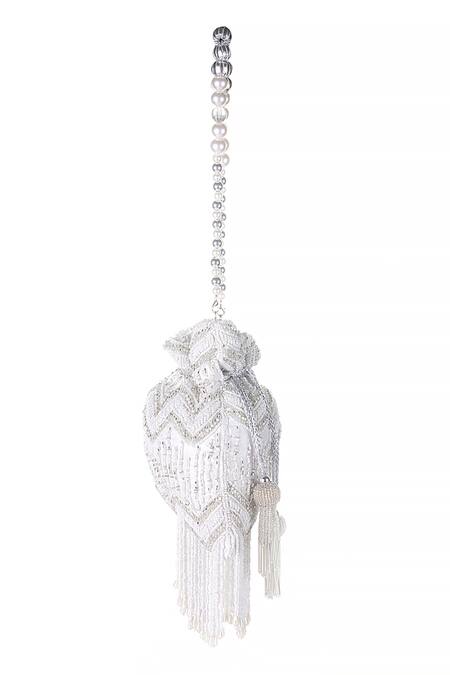 Nazaakat By Samara Singh_White Beads, Sequins, Tassels Beaded Zigzag Pattern Potli  _Online_at_Aza_Fashions