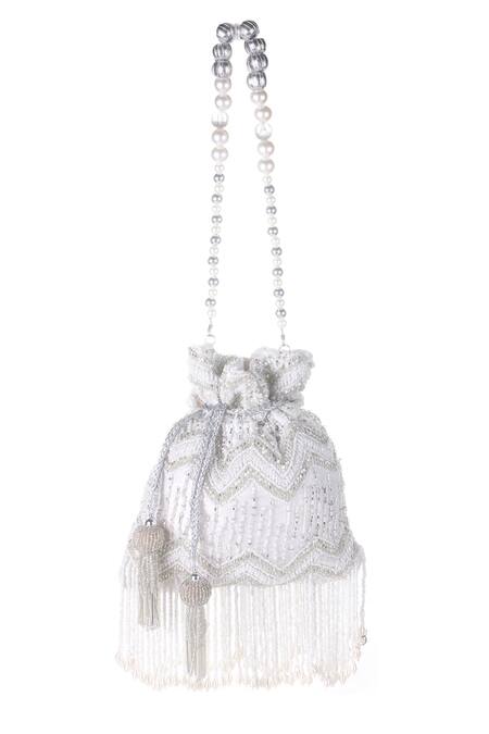 Buy_Nazaakat By Samara Singh_White Beads, Sequins, Tassels Beaded Zigzag Pattern Potli  _Online_at_Aza_Fashions