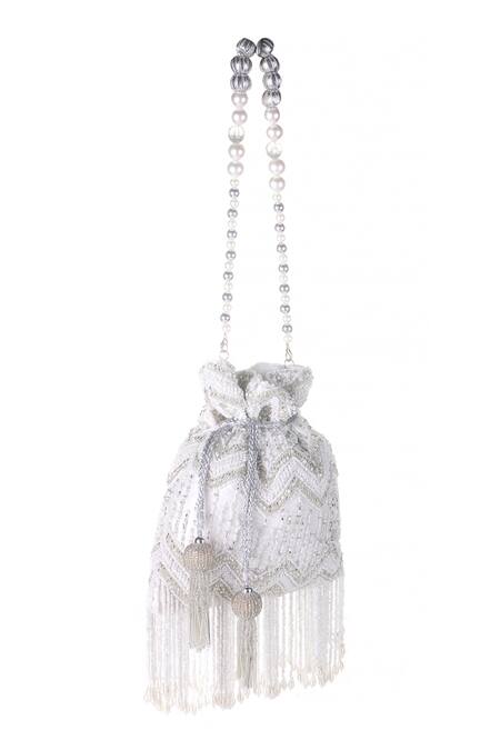 Shop_Nazaakat By Samara Singh_White Beads, Sequins, Tassels Beaded Zigzag Pattern Potli  _Online_at_Aza_Fashions