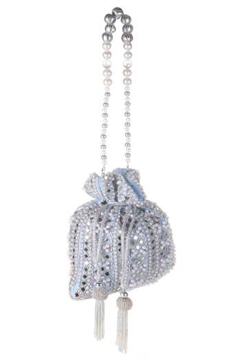 Nazaakat By Samara Singh_Sky Blue Pearls, Beads, Mirrors, Tassels And Embellished Potli Bag _Online_at_Aza_Fashions