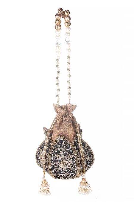 Buy_Nazaakat By Samara Singh_Gold Embroidery, Sequins, Beads, Tassels, Pearls Lotus Potli _Online_at_Aza_Fashions