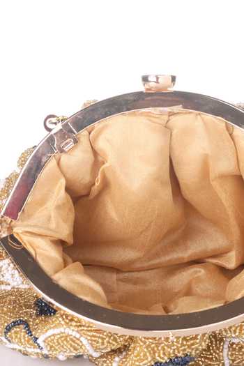 Shop_Nazaakat By Samara Singh_Gold Beads, Pearls, Tassels Beaded Floral And Fringe Batua Bag _Online_at_Aza_Fashions