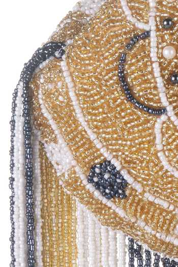 Nazaakat By Samara Singh_Gold Beads, Pearls, Tassels Beaded Floral And Fringe Batua Bag _at_Aza_Fashions
