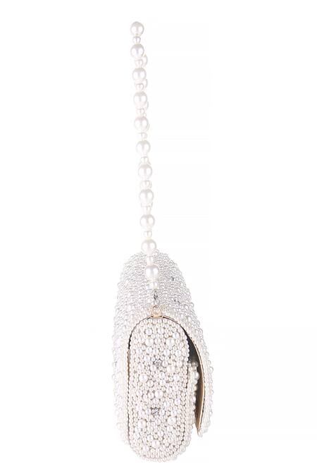 Nazaakat By Samara Singh_White Pearls, Rhinestones Embellished Flap Bag_Online_at_Aza_Fashions