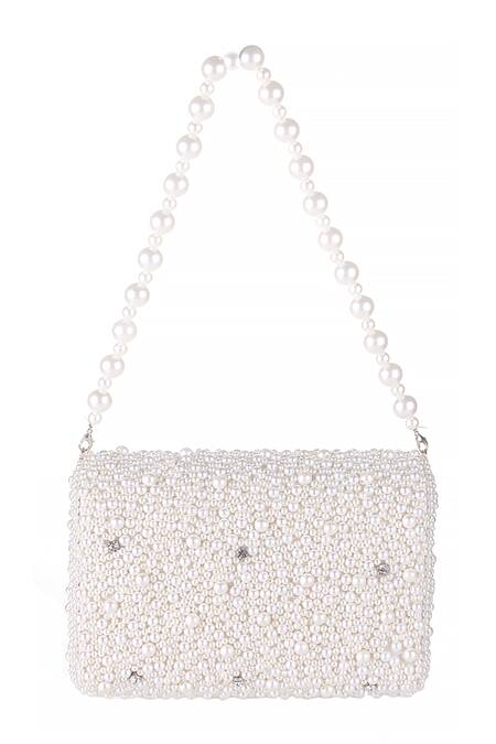 Nazaakat By Samara Singh_White Pearls, Rhinestones Embellished Flap Bag_at_Aza_Fashions