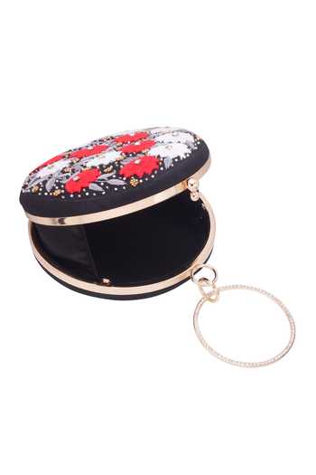 Nazaakat By Samara Singh_Black Embroidery, Stones, Beads Floral Round Clutch _Online_at_Aza_Fashions