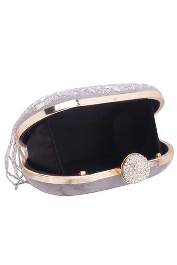 Buy_Nazaakat By Samara Singh_Gray Beads, Crystals, Embroidery Beaded Fringe Clutch _Online_at_Aza_Fashions