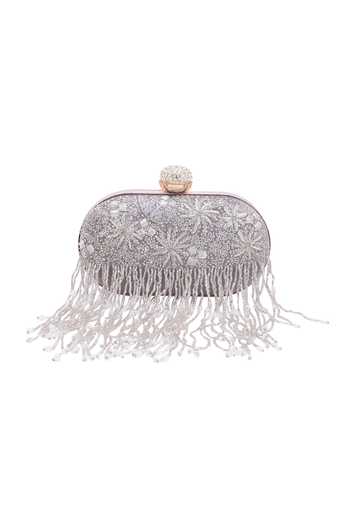 Shop_Nazaakat By Samara Singh_Gray Beads, Crystals, Embroidery Beaded Fringe Clutch _Online_at_Aza_Fashions