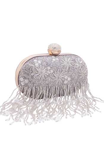 Nazaakat By Samara Singh_Gray Beads, Crystals, Embroidery Beaded Fringe Clutch _at_Aza_Fashions