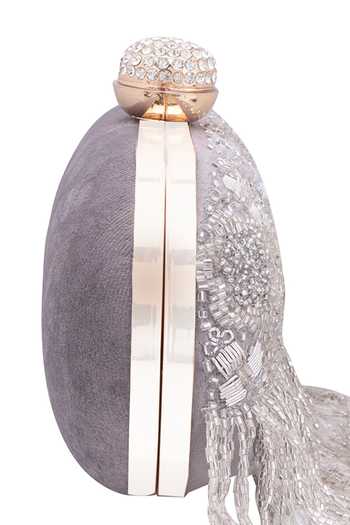 Buy_Nazaakat By Samara Singh_Gray Beads, Crystals, Embroidery Beaded Fringe Clutch 