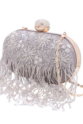 Shop_Nazaakat By Samara Singh_Gray Beads, Crystals, Embroidery Beaded Fringe Clutch 