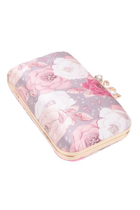 Shop_Nazaakat By Samara Singh_Gray Beads, Stones, Embroidery Floral Clutch _Online_at_Aza_Fashions