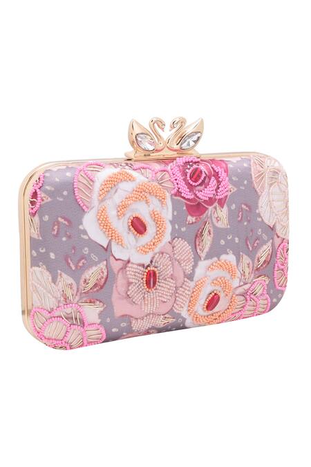 Nazaakat By Samara Singh_Gray Beads, Stones, Embroidery Floral Clutch _at_Aza_Fashions