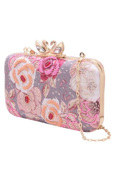 Shop_Nazaakat By Samara Singh_Gray Beads, Stones, Embroidery Floral Clutch 