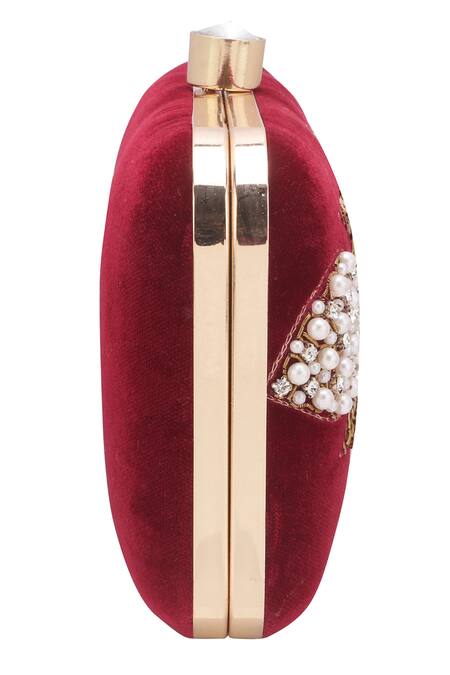 Buy_Nazaakat By Samara Singh_Maroon Sequins, Pearls, Stones, Embroidery Embellished Leaf Pattern Clutch  _Online_at_Aza_Fashions