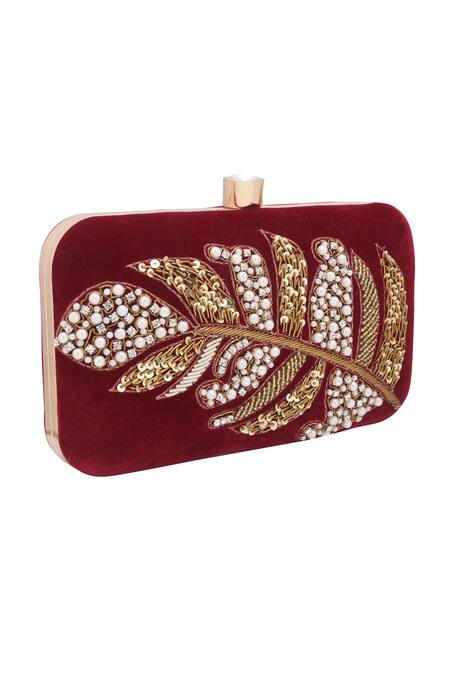 Nazaakat By Samara Singh_Maroon Sequins, Pearls, Stones, Embroidery Embellished Leaf Pattern Clutch  _at_Aza_Fashions