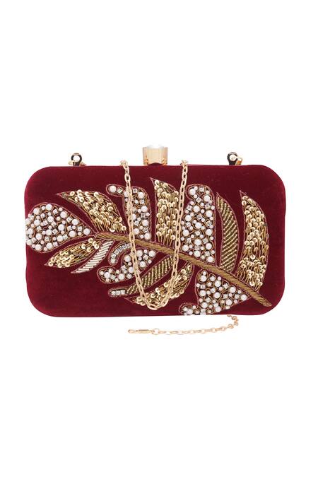 Buy_Nazaakat By Samara Singh_Maroon Sequins, Pearls, Stones, Embroidery Embellished Leaf Pattern Clutch  