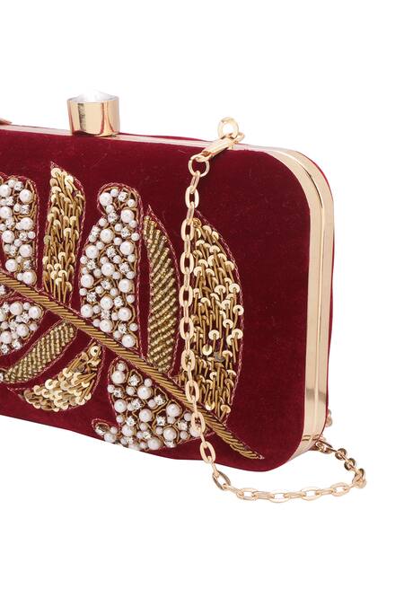 Shop_Nazaakat By Samara Singh_Maroon Sequins, Pearls, Stones, Embroidery Embellished Leaf Pattern Clutch  