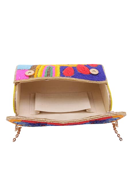 Nazaakat By Samara Singh_Multi Color Beads Peacock And Geometric Motif Flap Bag _Online_at_Aza_Fashions