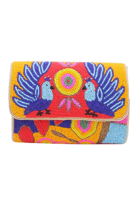 Buy_Nazaakat By Samara Singh_Multi Color Beads Peacock And Geometric Motif Flap Bag _Online_at_Aza_Fashions
