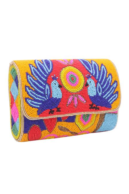 Shop_Nazaakat By Samara Singh_Multi Color Beads Peacock And Geometric Motif Flap Bag _Online_at_Aza_Fashions