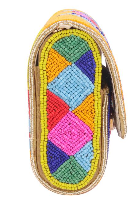 Nazaakat By Samara Singh_Multi Color Beads Peacock And Geometric Motif Flap Bag _at_Aza_Fashions