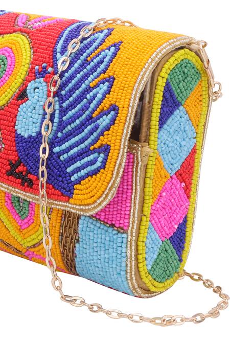 Shop_Nazaakat By Samara Singh_Multi Color Beads Peacock And Geometric Motif Flap Bag 