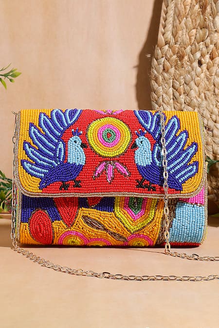 Nazaakat By Samara Singh Beaded Peacock & Geometric Motif Flap Bag 