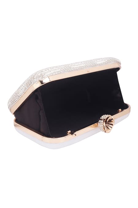Nazaakat By Samara Singh_White Beads, Rhinestones Beaded Pattern Clutch  _Online_at_Aza_Fashions