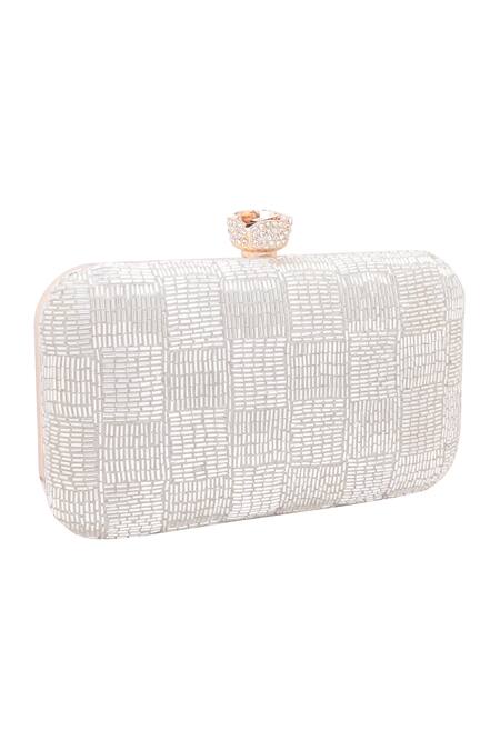 Shop_Nazaakat By Samara Singh_White Beads, Rhinestones Beaded Pattern Clutch  _Online_at_Aza_Fashions