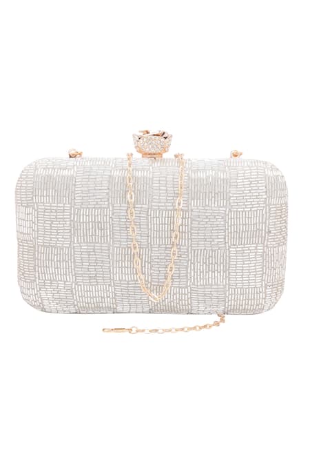 Nazaakat By Samara Singh_White Beads, Rhinestones Beaded Pattern Clutch  _at_Aza_Fashions