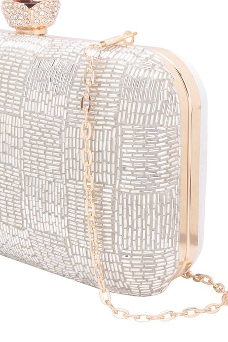 Shop_Nazaakat By Samara Singh_White Beads, Rhinestones Beaded Pattern Clutch  
