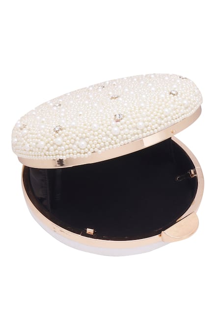 Buy_Nazaakat By Samara Singh_White Pearls, Rhinestones And Stone Embellished Round Clutch _Online_at_Aza_Fashions