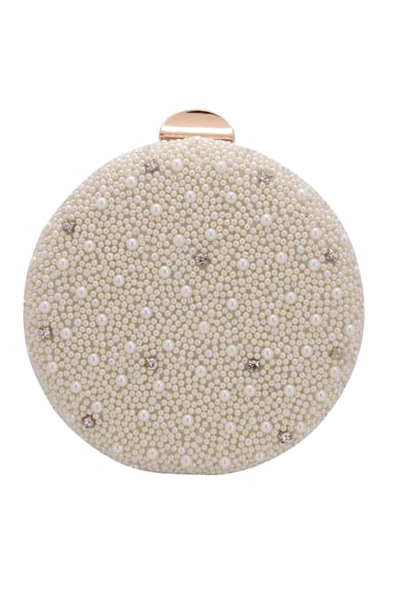 Shop_Nazaakat By Samara Singh_White Pearls, Rhinestones And Stone Embellished Round Clutch _Online_at_Aza_Fashions