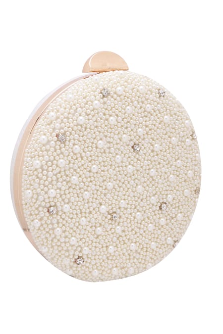 Nazaakat By Samara Singh_White Pearls, Rhinestones And Stone Embellished Round Clutch _at_Aza_Fashions