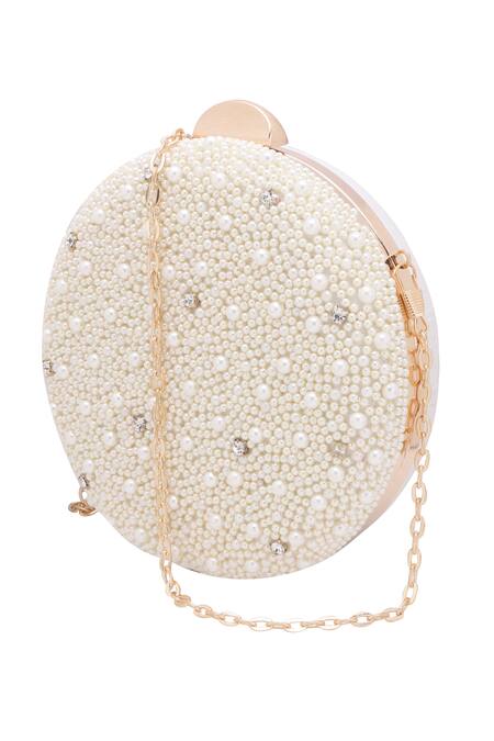 Buy_Nazaakat By Samara Singh_White Pearls, Rhinestones And Stone Embellished Round Clutch 