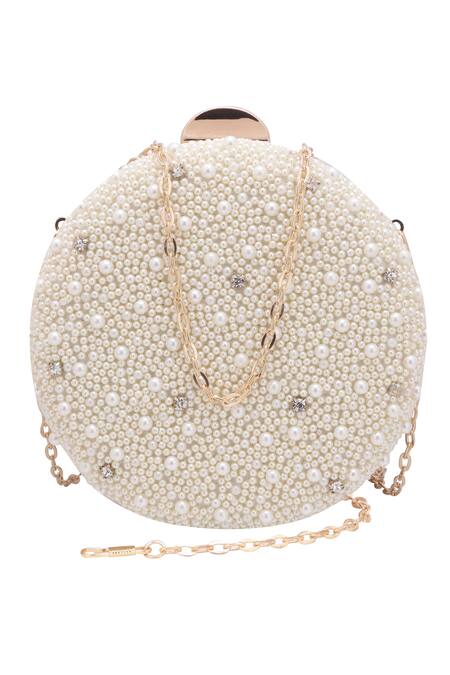 Shop_Nazaakat By Samara Singh_White Pearls, Rhinestones And Stone Embellished Round Clutch 