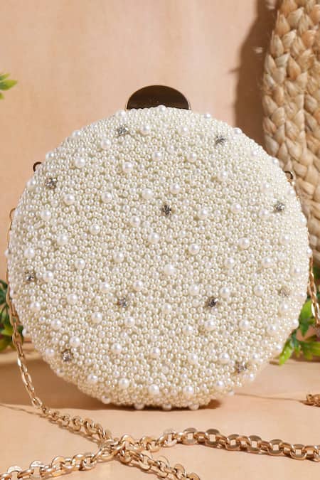 Nazaakat By Samara Singh White Pearls, Rhinestones And Stone Embellished Round Clutch 