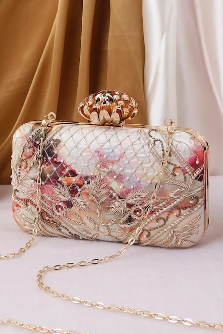 Nazaakat By Samara Singh White Embroidery, Beads Floral And Pearl Clutch 