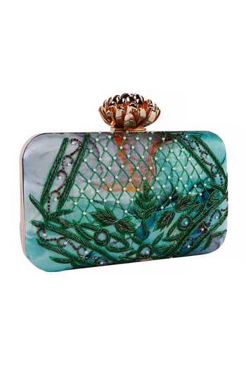 Nazaakat By Samara Singh Green Beads, Embroidery Floral And Pearl Embellished Clutch at Aza Fashions Nazaakat By Samara Singh_Green Beads, Embroidery Floral And Pearl Embellished Clutch _at_Aza_Fashions