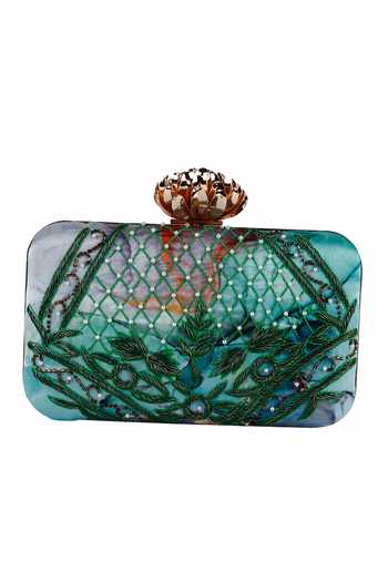 Buy Nazaakat By Samara Singh Green Beads, Embroidery Floral And Pearl Embellished Clutch Buy_Nazaakat By Samara Singh_Green Beads, Embroidery Floral And Pearl Embellished Clutch