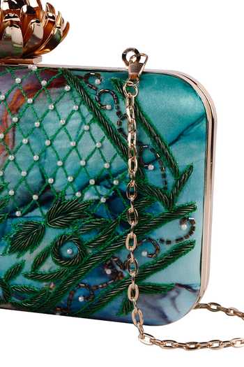 Shop Nazaakat By Samara Singh Green Beads, Embroidery Floral And Pearl Embellished Clutch Shop_Nazaakat By Samara Singh_Green Beads, Embroidery Floral And Pearl Embellished Clutch