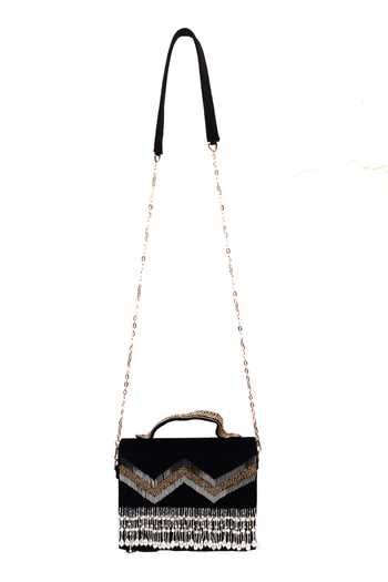 Shop Nazaakat By Samara Singh Black Beads, Pearls, Fringe Zigzag Beaded And Embellished Flap Bag Online at Aza Fashions Shop_Nazaakat By Samara Singh_Black Beads, Pearls, Fringe Zigzag Beaded And Embellished Flap Bag _Online_at_Aza_Fashions