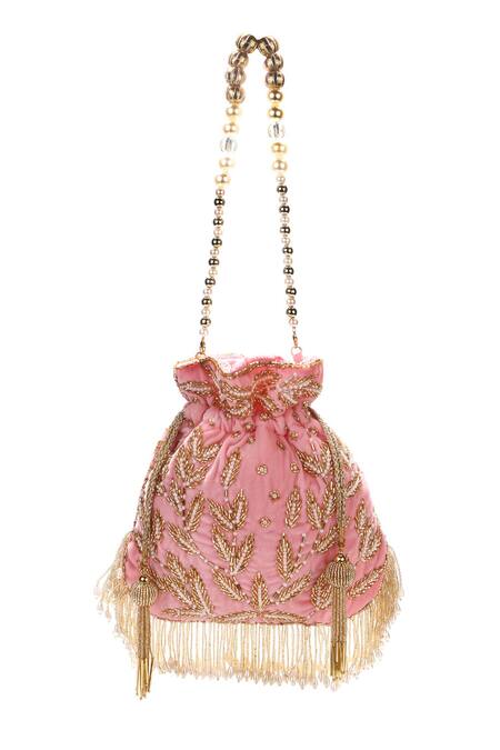 Nazaakat By Samara Singh_Pink Beads, Embroidery, Pearls, Tassels Leaf Motif Potli _Online_at_Aza_Fashions