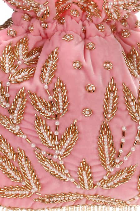 Buy_Nazaakat By Samara Singh_Pink Beads, Embroidery, Pearls, Tassels Leaf Motif Potli _Online_at_Aza_Fashions