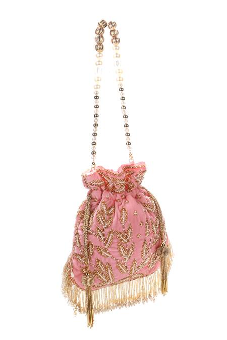 Nazaakat By Samara Singh_Pink Beads, Embroidery, Pearls, Tassels Leaf Motif Potli _at_Aza_Fashions